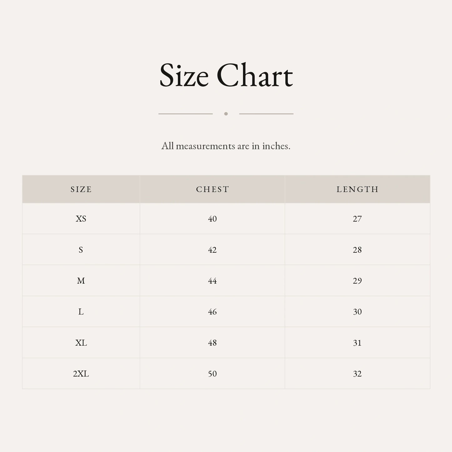 Oversized t-shirt size chart by Subtext – chest and length measurements in inches, XS–2XL.