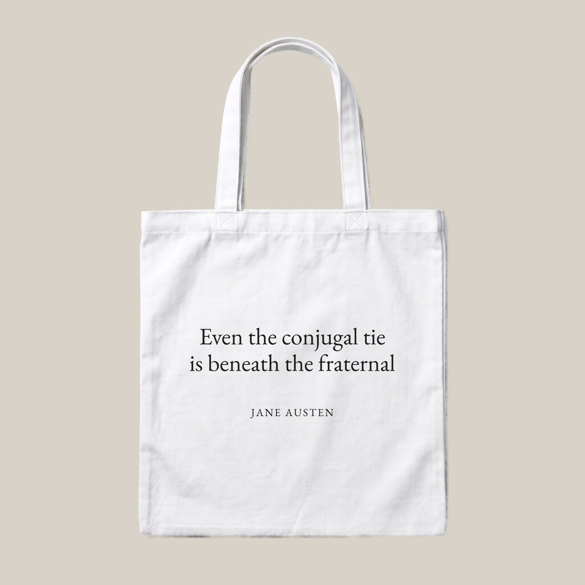 Jane Austen quote tote bag by Subtext – black text on a white canvas tote with zip closure, front view.