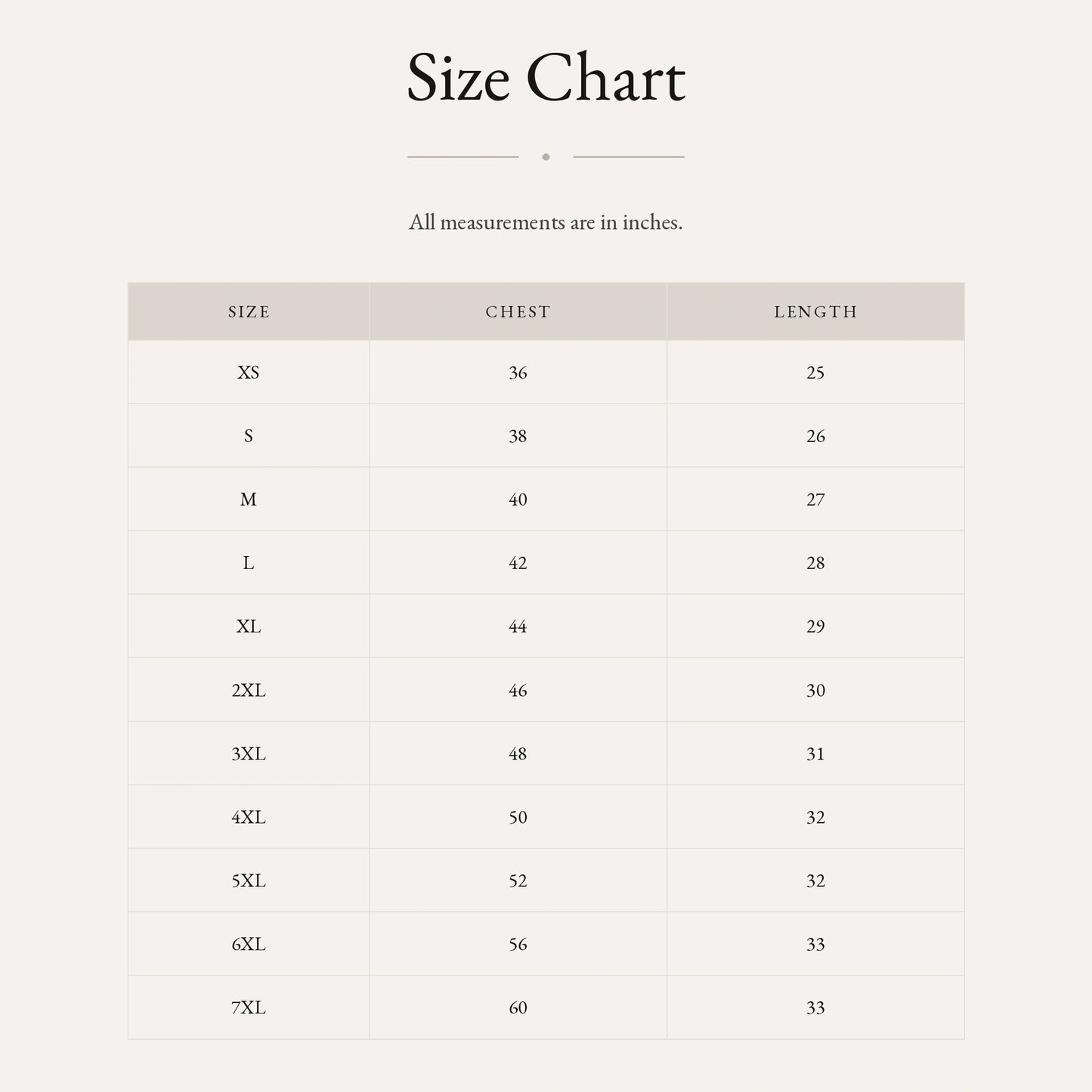 Classic crew t-shirt size chart by Subtext – chest and length measurements in inches, XS–7XL.