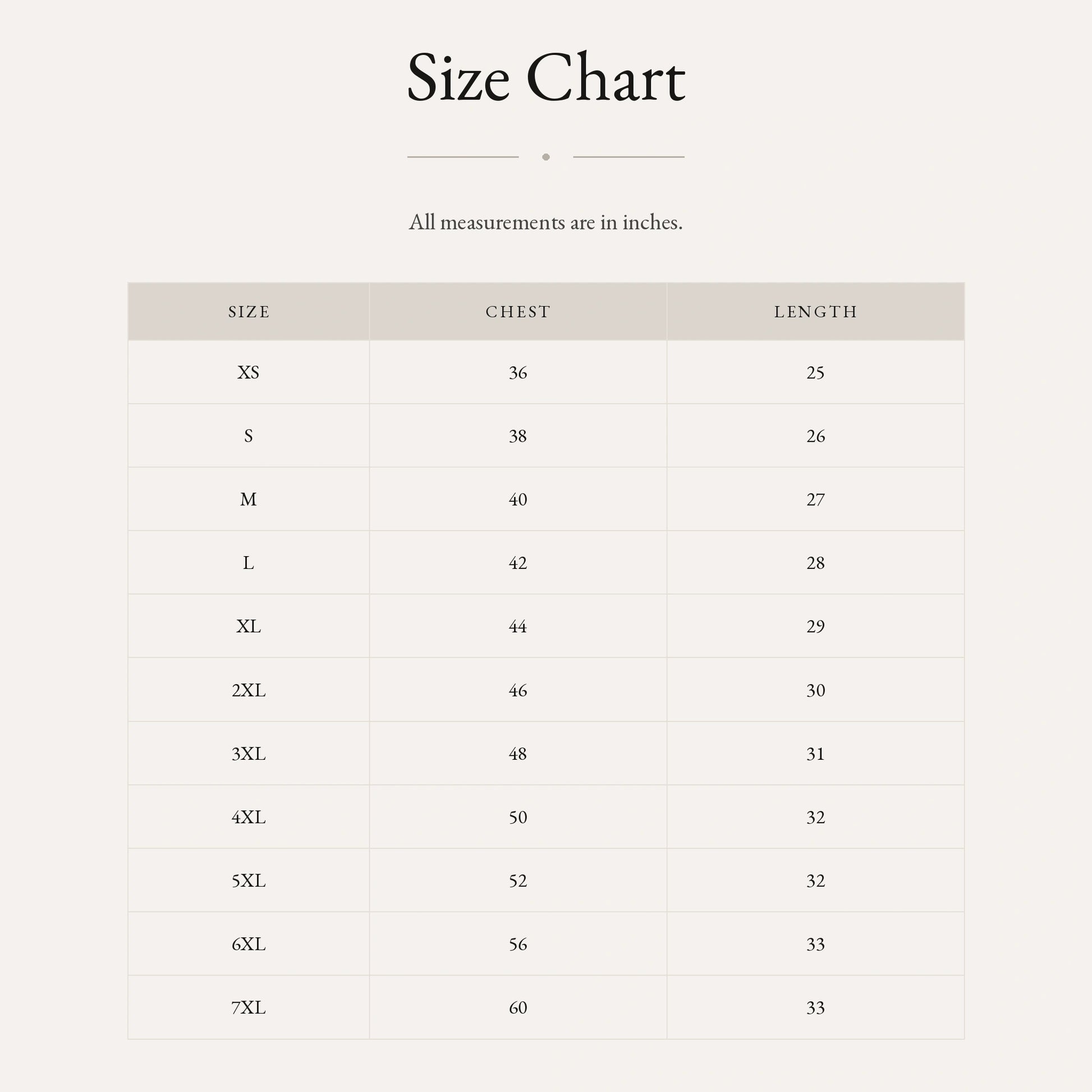 Classic crew t-shirt size chart by Subtext – chest and length measurements in inches, XS–7XL.