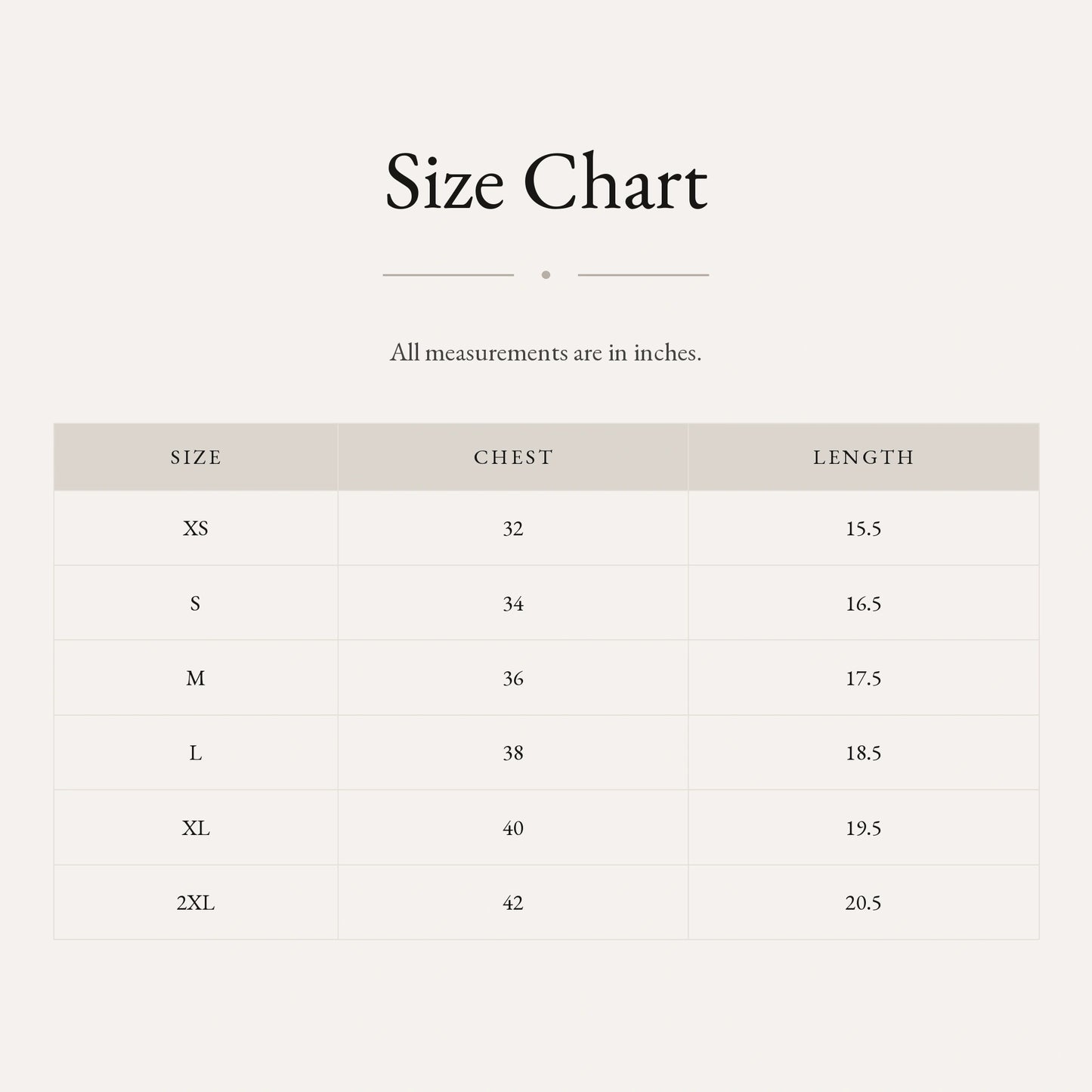 Crop top size chart by Subtext – chest and length measurements in inches, XS–2XL.