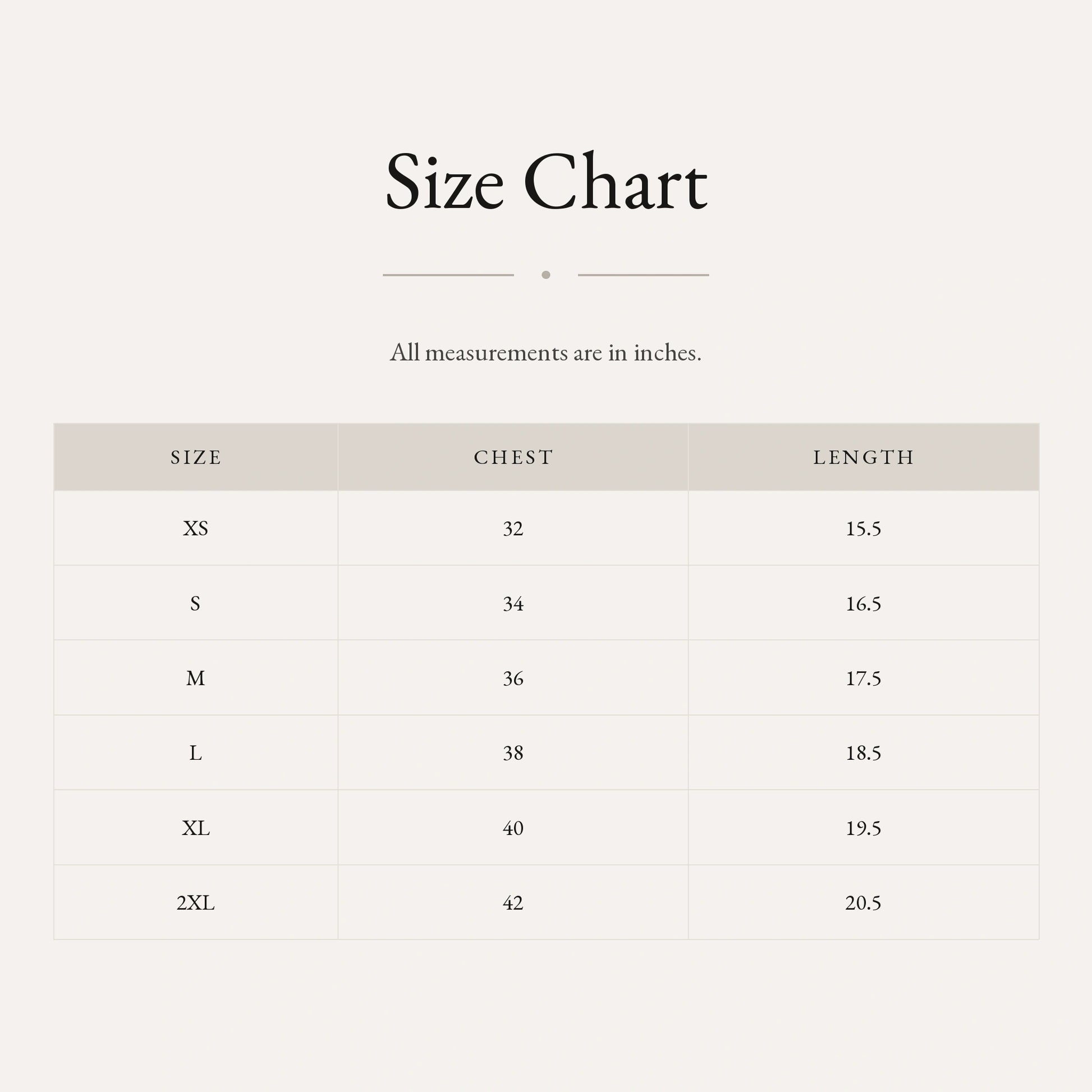 Crop top size chart by Subtext – chest and length measurements in inches, XS–2XL.