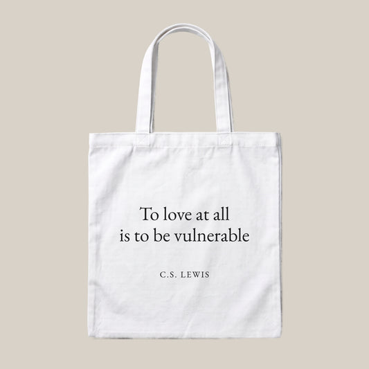 C.S. Lewis quote tote bag by Subtext – black text on a white canvas tote with zip closure, front view.