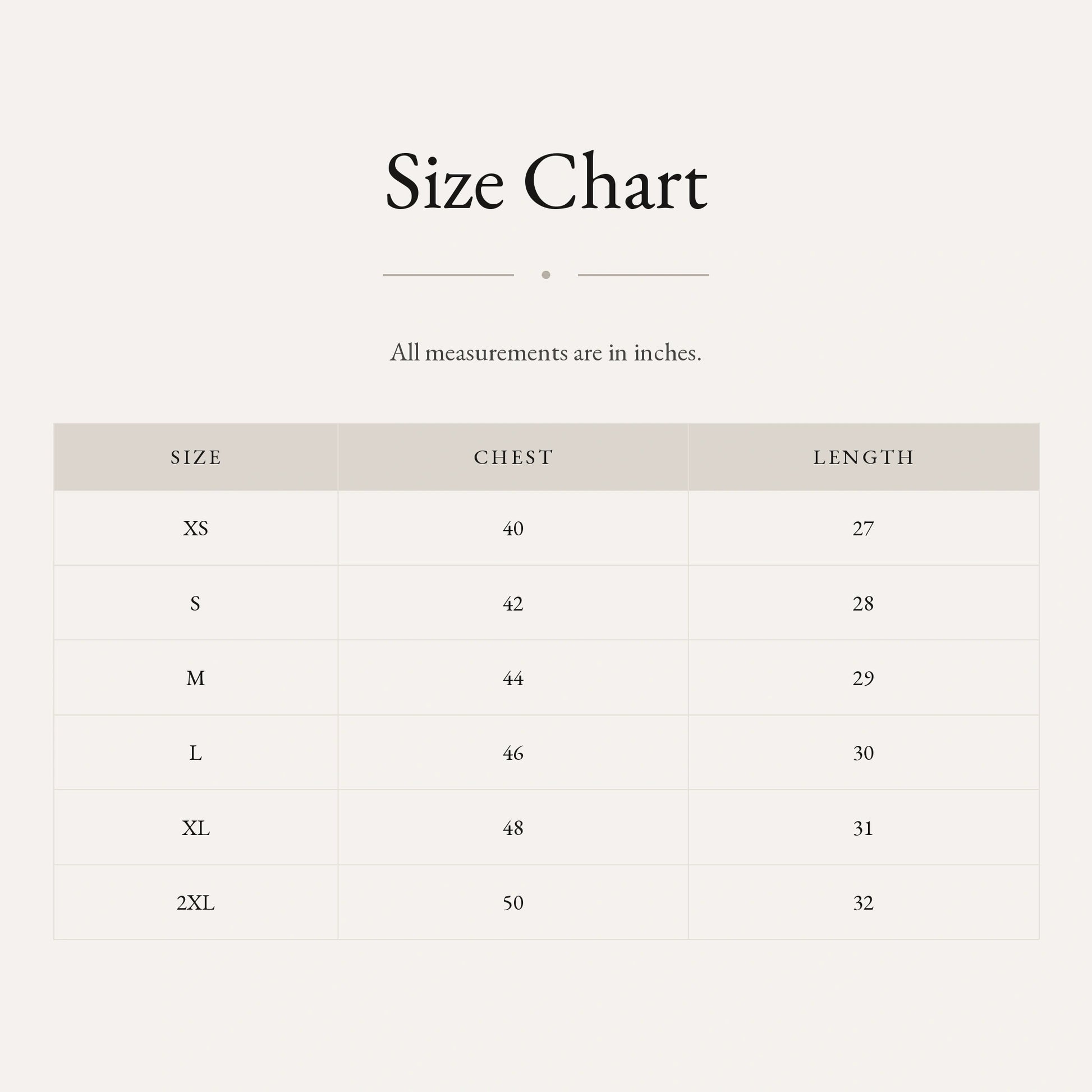 Oversized t-shirt size chart by Subtext – chest and length measurements in inches, XS–2XL.
