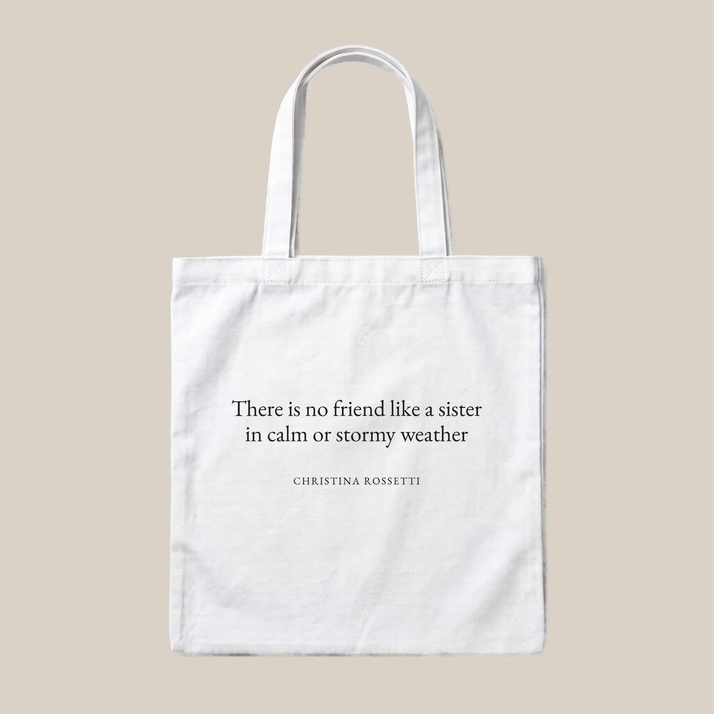 Christina Rossetti quote tote bag by Subtext – black text on a white canvas tote with zip closure, front view.