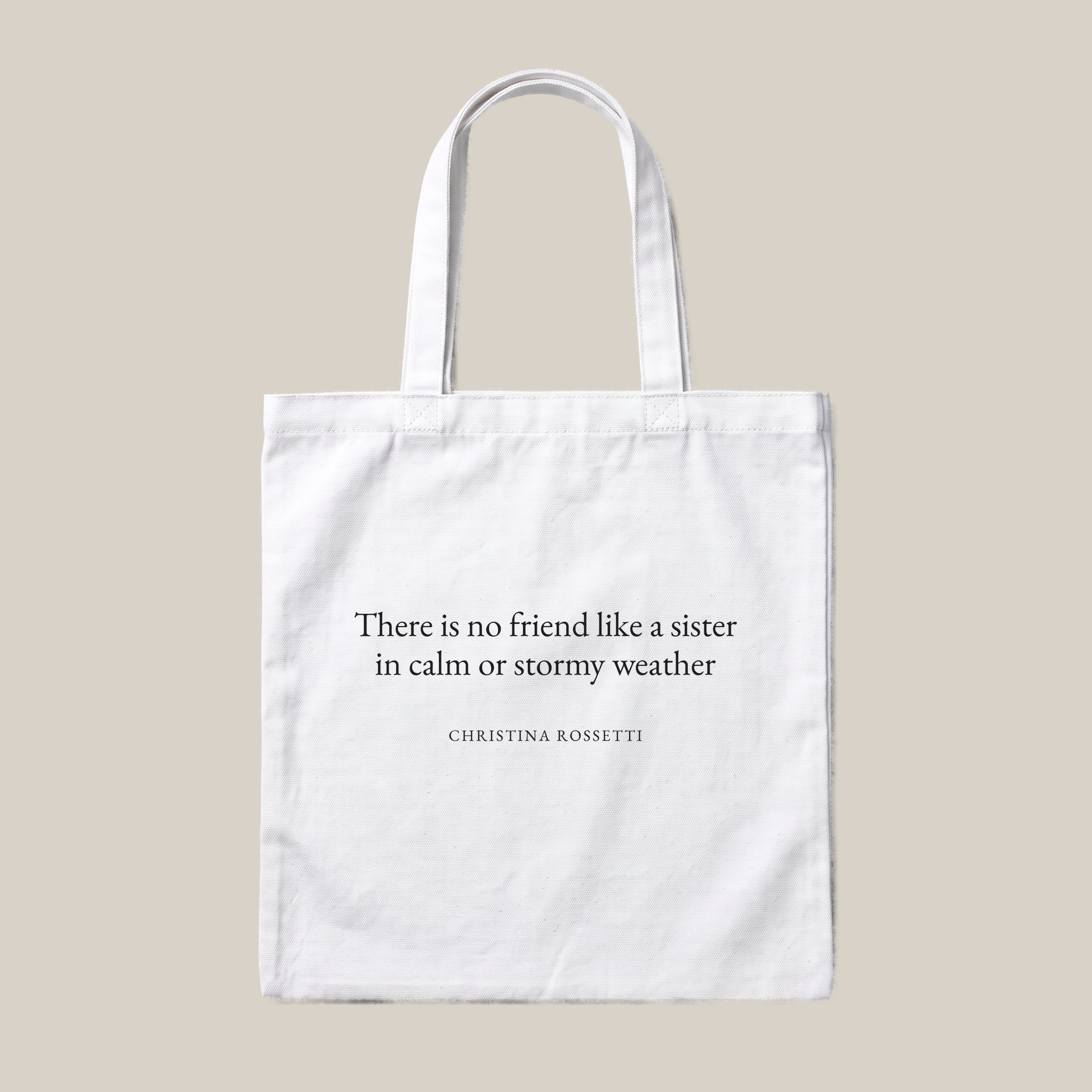 Christina Rossetti quote tote bag by Subtext – black text on a white canvas tote with zip closure, front view.