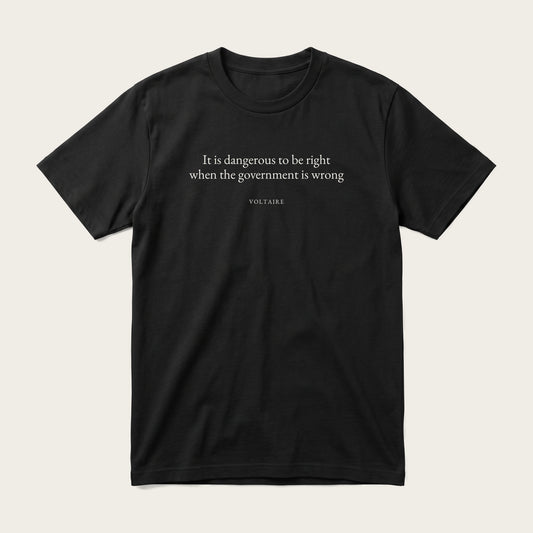 Voltaire quote classic t-shirt by Subtext – cream text on a black cotton tee, front view.