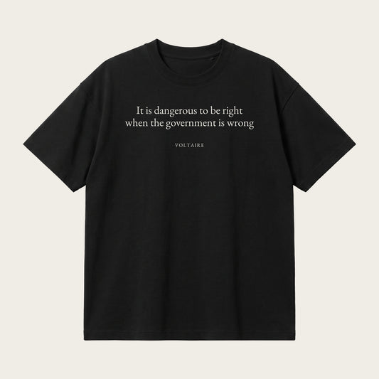 Voltaire quote oversized t-shirt by Subtext – cream text on a black oversized cotton tee, front view.