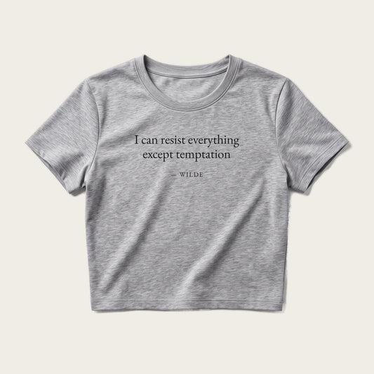 Wilde quote crop top by Subtext – black text on a grey melange crop top, front view.