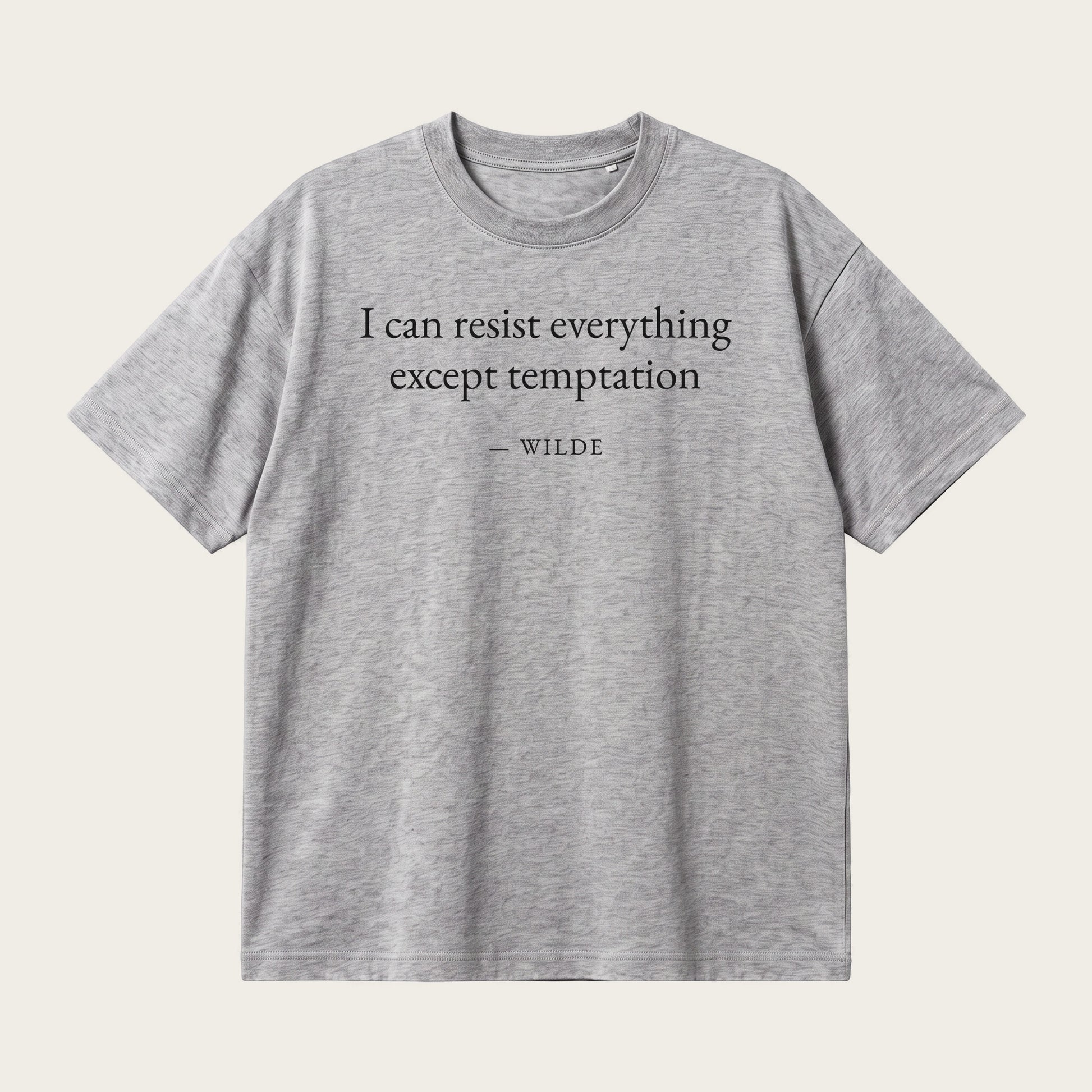 Wilde quote oversized t-shirt by Subtext – black text on a grey melange oversized tee, front view.